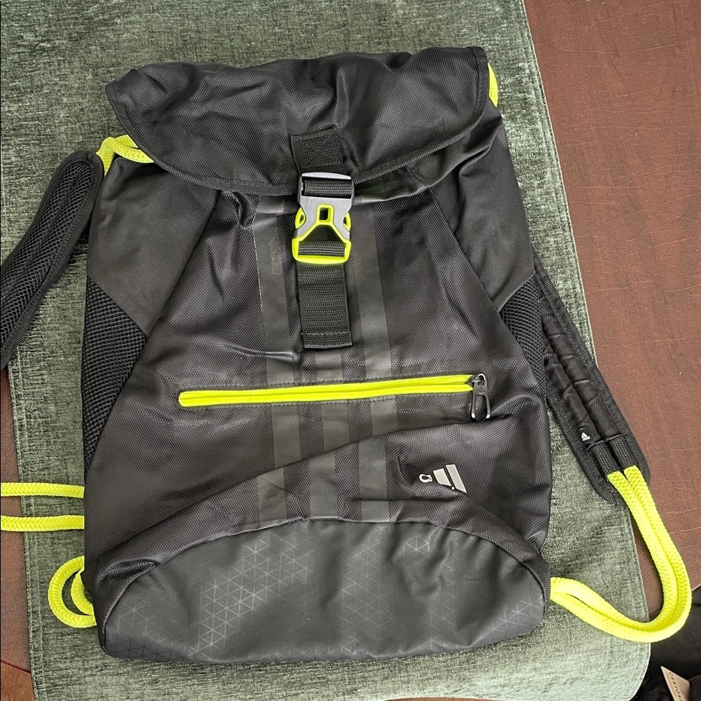 adidas Black and Neon Yellow Drawstring-Style Backpack with Front Zip